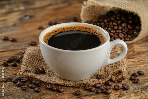 A Cup of Black Coffee with Scattered Coffee Beans