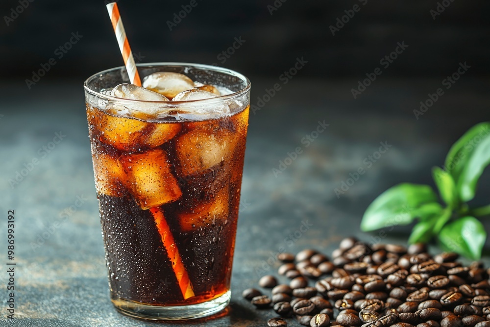 Iced Coffee in a Glass with a Straw and Coffee Beans Iced Coffee in a Glass with a Straw and Coffee Beans