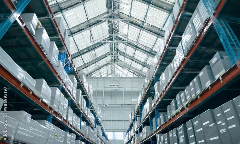 a company's warehouse with high shelves