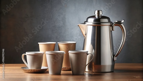 Big silver coffee pot and take out cups on the table with copy space for text