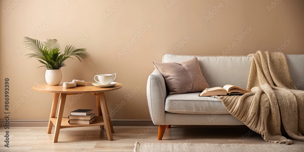 Cozy reading nook with cup of coffee and book on sofa near beige wall Cozy reading nook with cup of coffee and book on sofa near beige wall