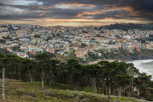 Photography Dramatic Sunset over Sea Cliff Neighborhood and Baker Beach via the Presidio