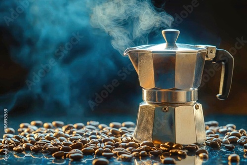 Steaming Moka Pot on a Bed of Coffee Beans photo