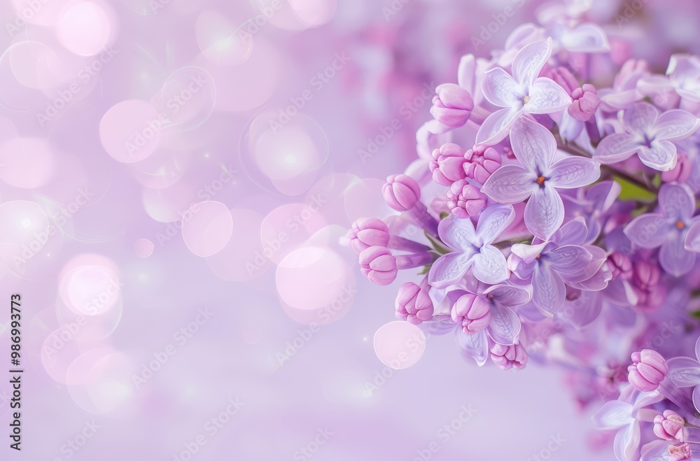 Exquisite lilac blossoms in a closeup, set on a pastel purple background with bokeh, representing spring's allure.