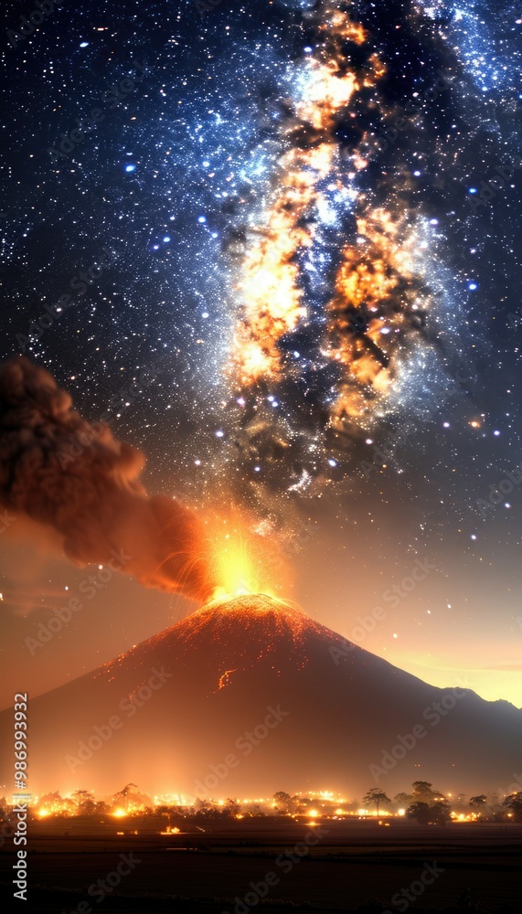Majestic volcanic eruption under a starry sky at dusk with vibrant colors and ash clouds Majestic volcanic eruption under a starry sky at dusk with vibrant colors and ash clouds