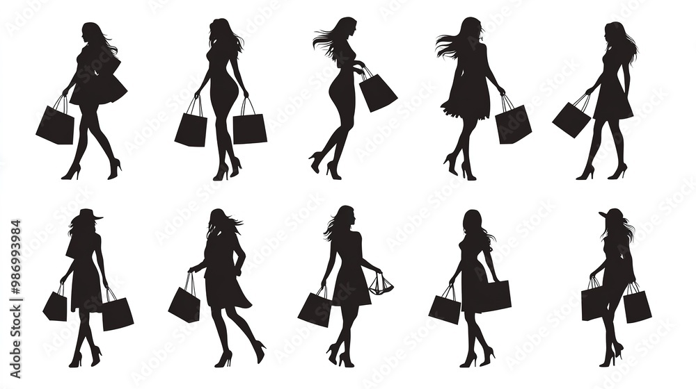 Set of black silhouettes: women shopping, different poses, icon style, white background. Set of black silhouettes: women shopping, different poses, icon style, white background.