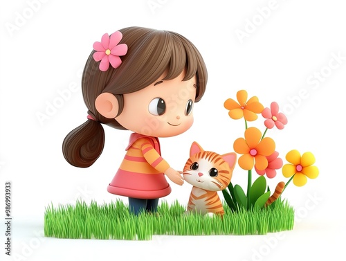 3D cartoon: cute girl with kitten, colorful flowers beside, isolated on white background.