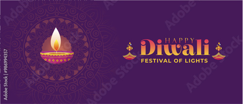 Purple Elegant Happy Diwali Festival 2024 Banner with Diya and Rangoli Decoration. Deepavali "Festival of Lights" Holiday Background, Banner, Template, Poster, Greeting, Sale, Vector Illustration. 