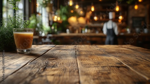 Close-Up of Old Wooden Table with Blurred Chef and Restaurant Interior in Background – Sharp Focus on Wood with Glass of Coffee or Tea in Corner, Soft Bokeh Effect

 photo