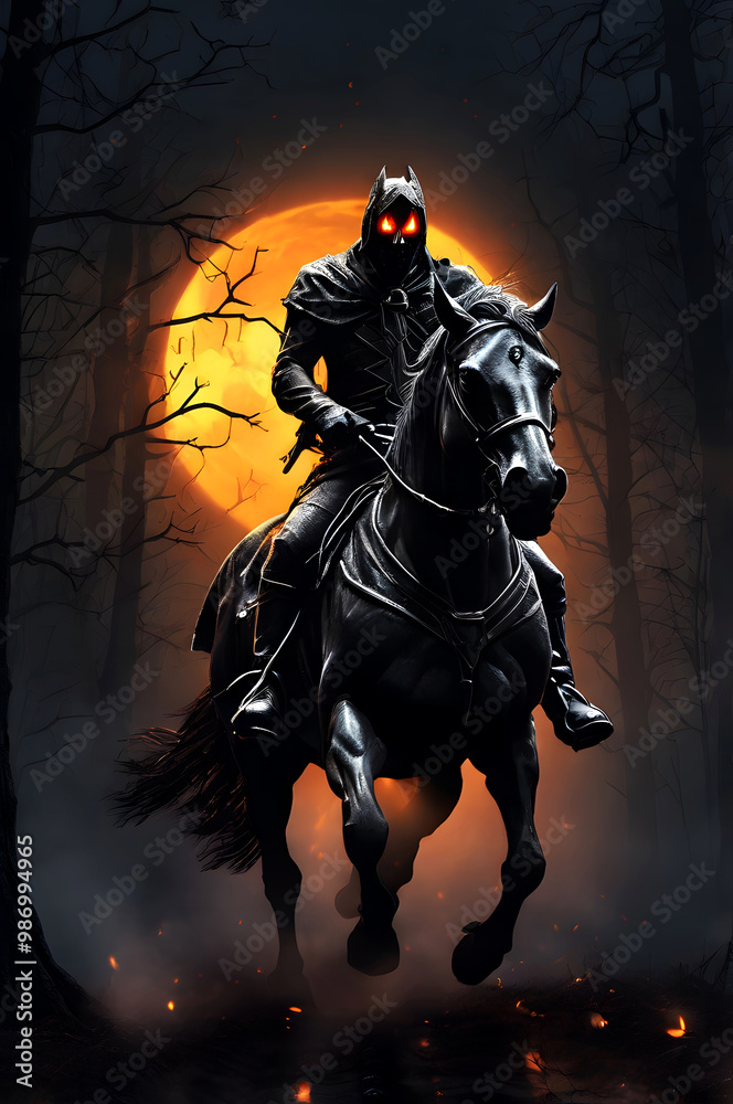 Fototapeta premium A horseman riding through a foggy forest with a scary pumpkin face and full moon in the background