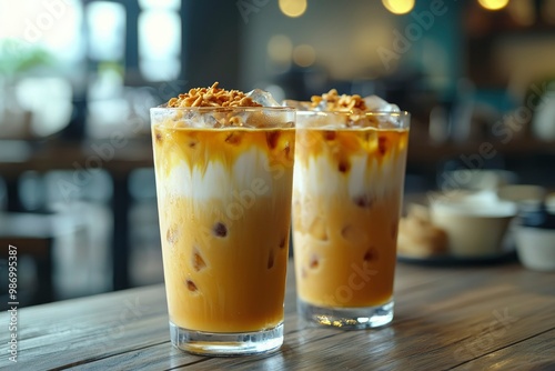 Two Glasses of Iced Coffee with Cream and Toasted Nuts on a Wooden Table