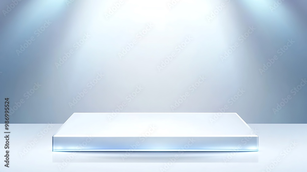 A white, empty, square podium or pedestal with a light blue glow on the top and bottom edges sits under three soft spotlight beams on a white background. A white, empty, square podium or pedestal with a light blue glow on the top and bottom edges sits under three soft spotlight beams on a white background.