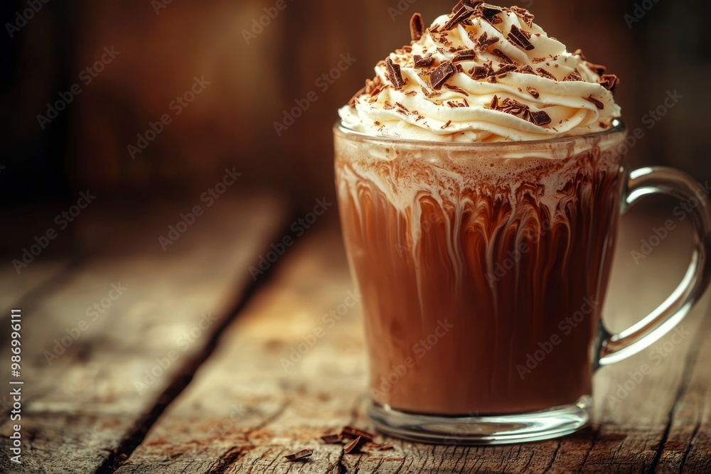 A Glass of Rich Hot Chocolate Topped with Whipped Cream and Chocolate Shavings A Glass of Rich Hot Chocolate Topped with Whipped Cream and Chocolate Shavings