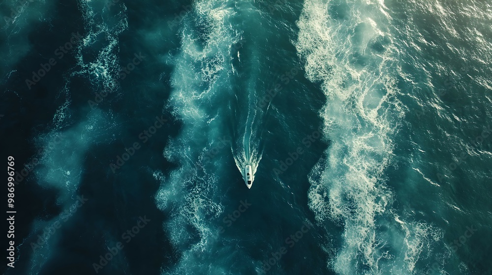 Naklejka premium Aerial view of a boat navigating through deep blue waters, creating white foam trails in its wake.