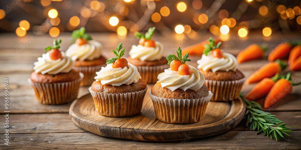 Close up of carrot cupcakes with sprinkled carrots on wooden table in cozy rustic setting with bokeh lights delicious homemade dessert or snack Close up of carrot cupcakes with sprinkled carrots on wooden table in cozy rustic setting with bokeh lights delicious homemade dessert or snack