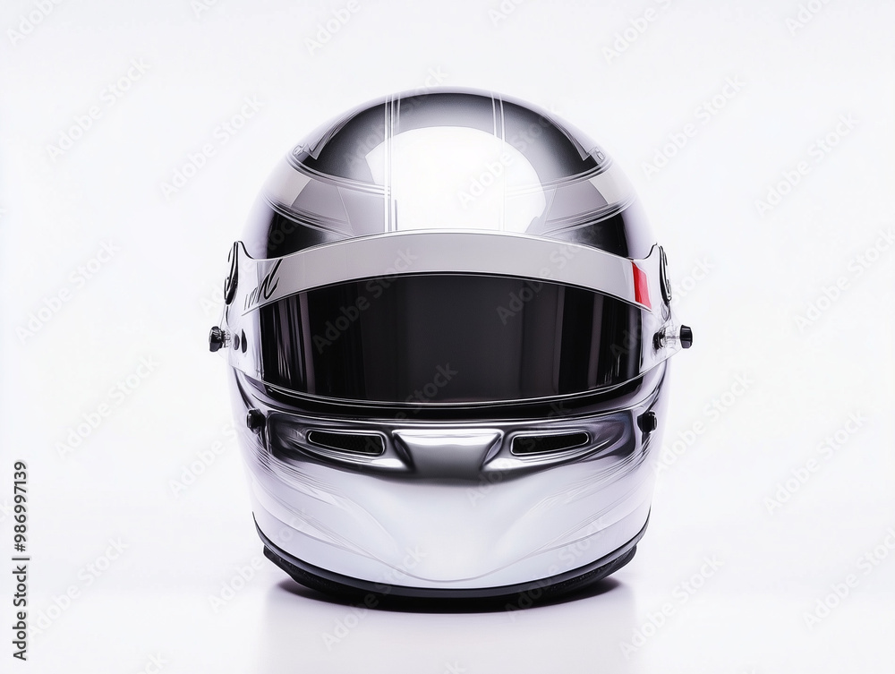 Fototapeta premium Helmet for speed racer in silver, white background