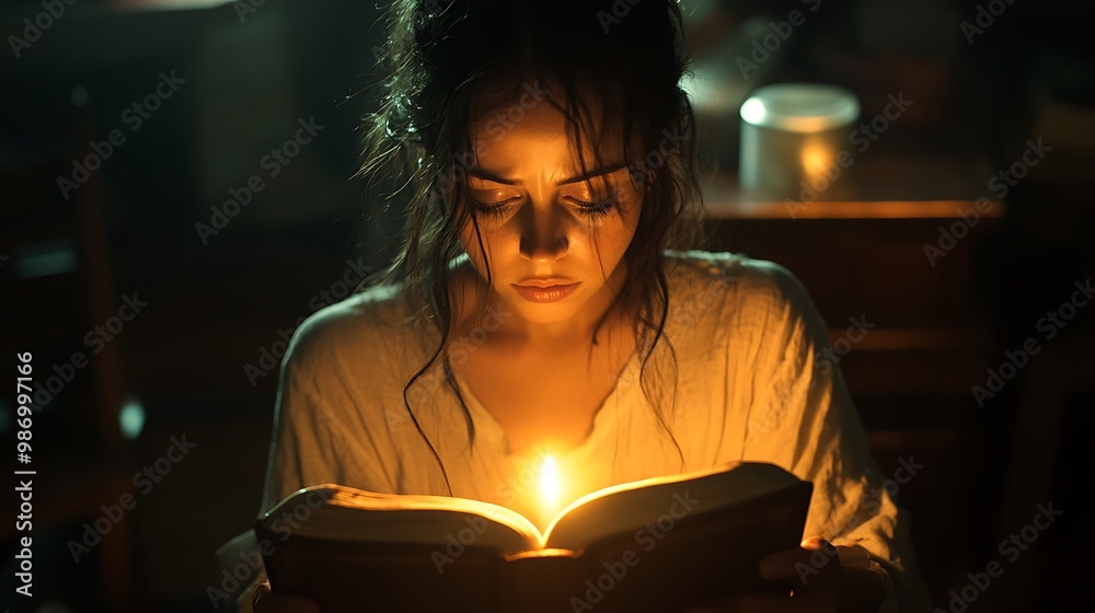 A young woman reads a book by candlelight, her face illuminated by the soft glow. A young woman reads a book by candlelight, her face illuminated by the soft glow.