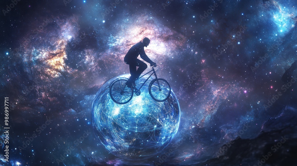 A man riding his bicycle in outer space on a metaphysical psychedelic journey A man riding his bicycle in outer space on a metaphysical psychedelic journey
