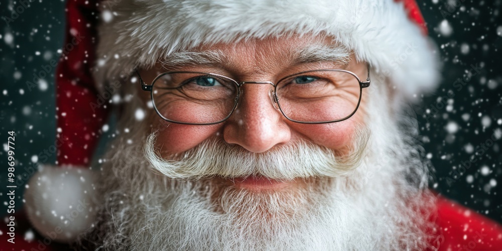 Portrait of Santa Claus close-up. Friendly old man with a beard and mustache smiling. Happy Santa in glasses and a red hat. Portrait of Santa Claus close-up. Friendly old man with a beard and mustache smiling. Happy Santa in glasses and a red hat.
