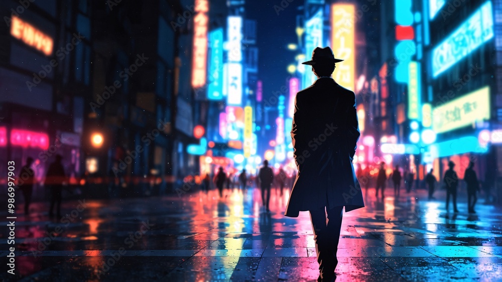 Obraz premium Back view silhouette of a man walking in the neon lit street city at night.