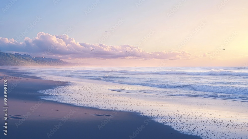 Tranquil Dawn: Serene Beachscape with Soft Sunlight and Calm Shadows Tranquil Dawn: Serene Beachscape with Soft Sunlight and Calm Shadows