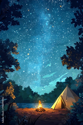 Serene camping scene under the stars with a tent and campfire casting warm light in the dark forest, showcasing the Milky Way in the night sky, cartoon illustration. Generative AI photo