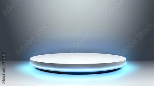 Circular podium with blue neon lights on a grey background.