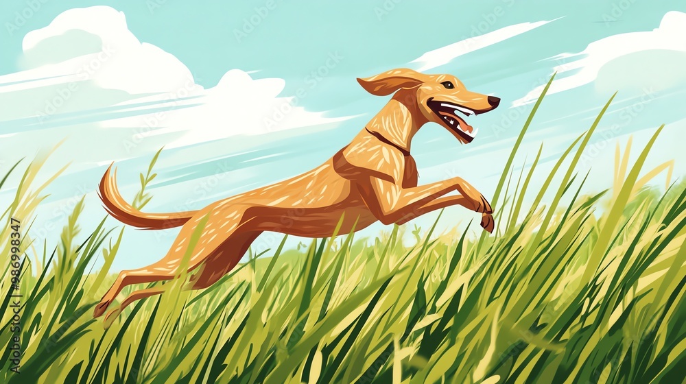 A joyful dog leaps through vibrant green grass under a sunny sky, capturing the essence of freedom and happiness. A joyful dog leaps through vibrant green grass under a sunny sky, capturing the essence of freedom and happiness.