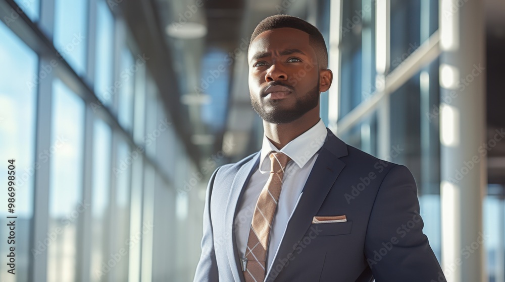 A confident individual in a suit gazes directly at the camera, exuding professionalism and determination in a modern office setting. A confident individual in a suit gazes directly at the camera, exuding professionalism and determination in a modern office setting.