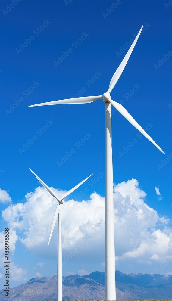 Wind turbines in a clear blue sky, symbolizing renewable energy and sustainability.