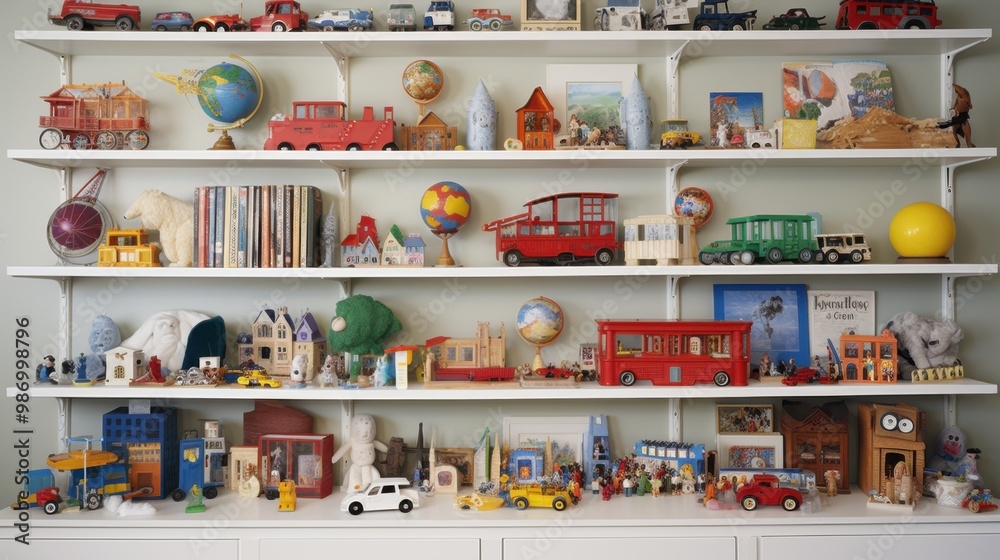 A display of toy-filled shelves meticulously organized, featuring miniature vehicles, books, and figurines, evoking nostalgia and playfulness. A display of toy-filled shelves meticulously organized, featuring miniature vehicles, books, and figurines, evoking nostalgia and playfulness.