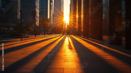 Urban Skyscrapers at Dawn: Striking Shadows on Pavement