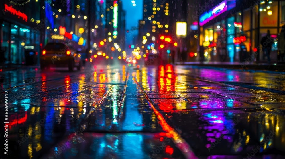 Neon Nightscapes: Captivating Urban Lights and Shadows on Wet City Street Neon Nightscapes: Captivating Urban Lights and Shadows on Wet City Street