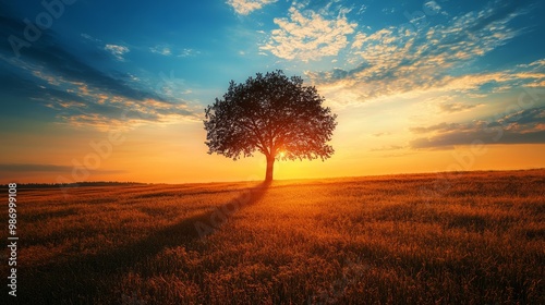 Solitary Tree Embracing the Sunset in Serene Rural Landscape