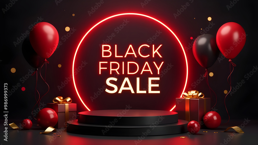 Black Friday sale with black podium and realistic gift box element and balloons and red circle frame and neon light effect and bokeh and gold ribbons on black background