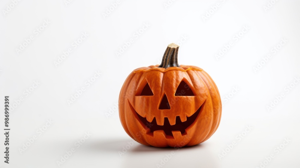 A minimalist jack-o'-lantern pumpkin sits on a plain white background, showcasing simple, traditional carved features. A minimalist jack-o'-lantern pumpkin sits on a plain white background, showcasing simple, traditional carved features.