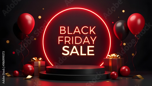 Obraz na płótnie Black Friday sale with black podium and realistic gift box element and balloons and red circle frame and neon light effect and bokeh and gold ribbons on black background w salonie