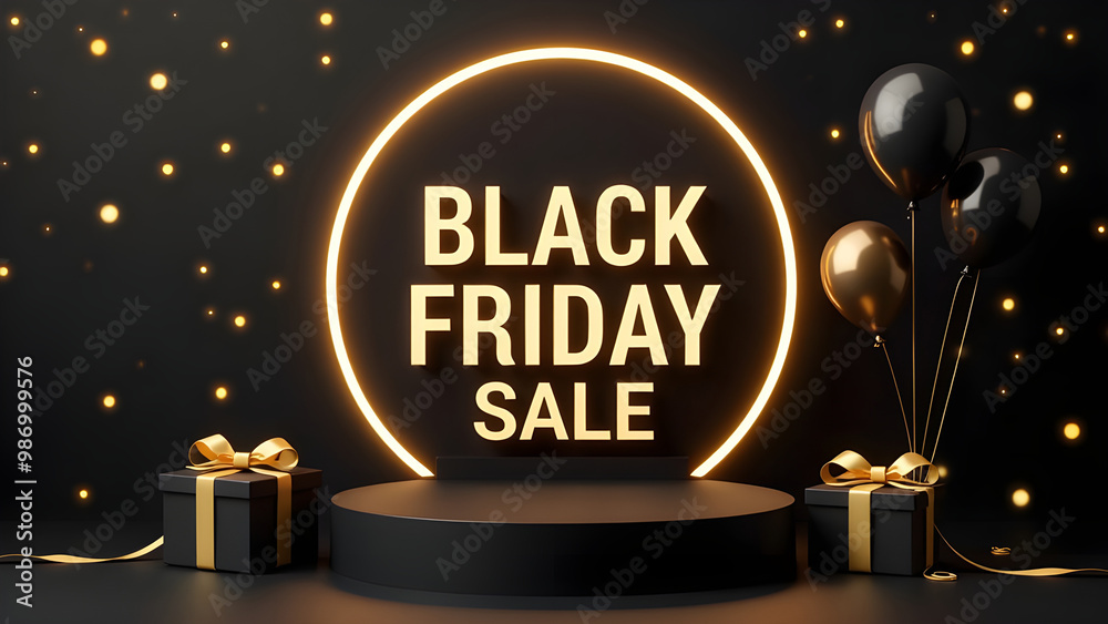 Black Friday sale with black podium and realistic gift box element and balloons and golden circle frame and neon light effect and bokeh and gold ribbons on black background