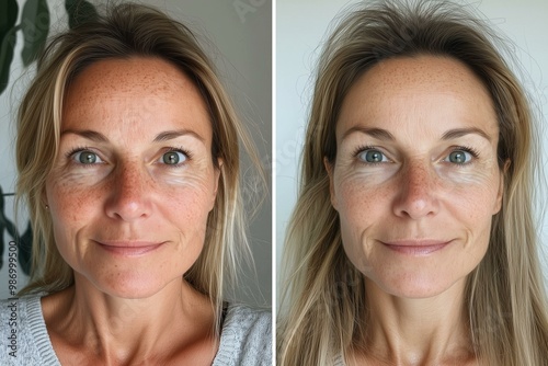 Before and after selfie, a comparison of age spots removal. Laser treatment effects on age spots on woman's face - skincare transformation