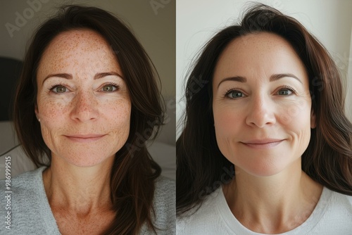  Before and after selfie, a comparison of age spots removal. Laser treatment effects on age spots on woman's face - skincare transformation