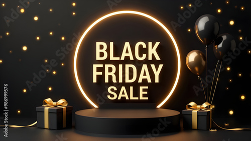 Obraz na płótnie Black Friday sale with black podium and realistic gift box element and balloons and golden circle frame and neon light effect and bokeh and gold ribbons on black background w salonie