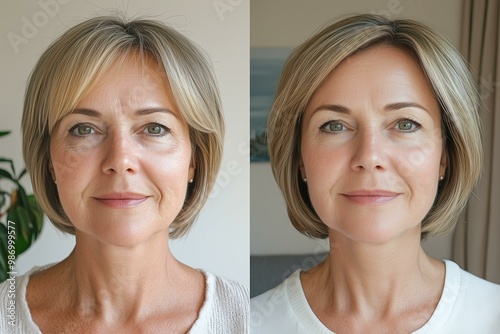  Before and after selfie, a comparison of age spots, wrinkles and fine lines removal. Laser treatment effects on age spots on woman's face - skincare transformation