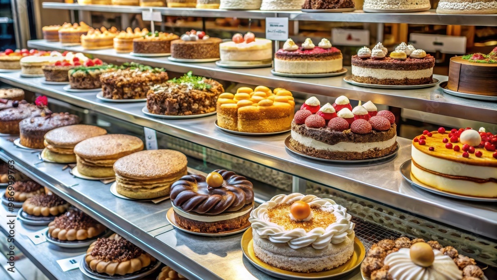 Assorted biscuit cakes on display at a bakery Assorted biscuit cakes on display at a bakery