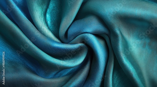 Textured blue satin fabric close-up. Textile industry concept.