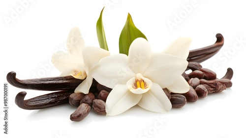 Vanilla flower and beans isolated on white transparent background.