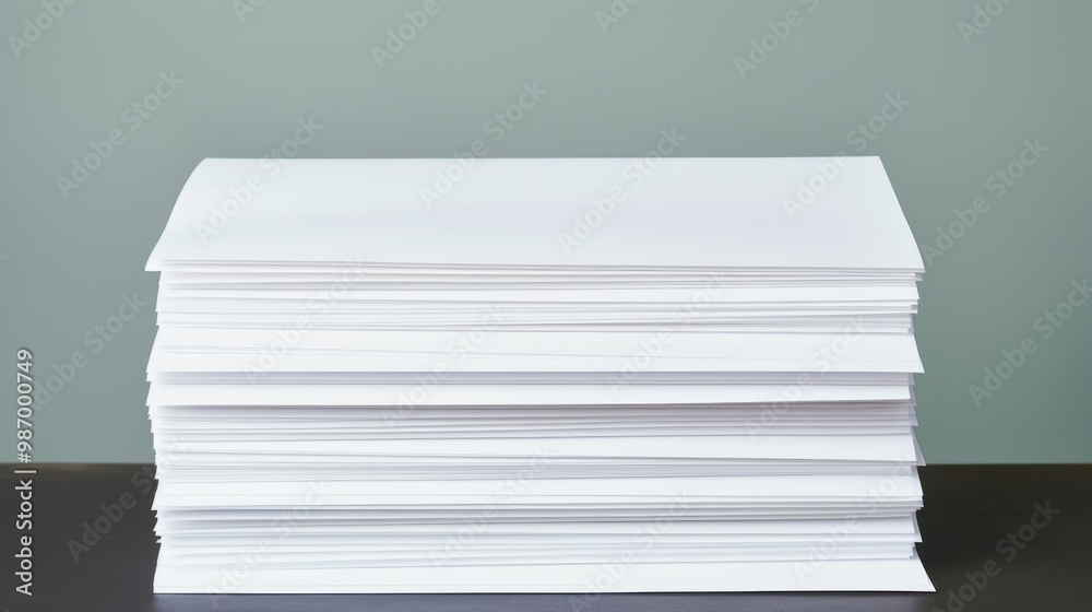 A perfectly aligned stack of blank white papers sits on a dark surface against a gray background, exuding an aura of minimalism and simplicity. A perfectly aligned stack of blank white papers sits on a dark surface against a gray background, exuding an aura of minimalism and simplicity.