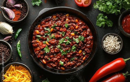 Chili con carne in a cast iron skillet
