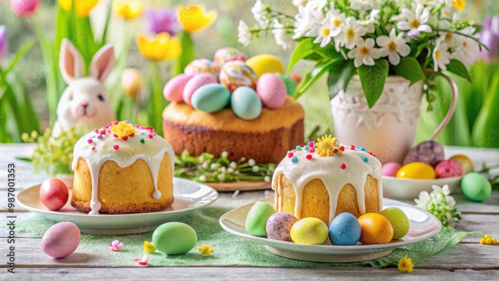 Colorful easter cakes and eggs on rabbit dessert plate surrounded by spring flowers on festive table Colorful easter cakes and eggs on rabbit dessert plate surrounded by spring flowers on festive table