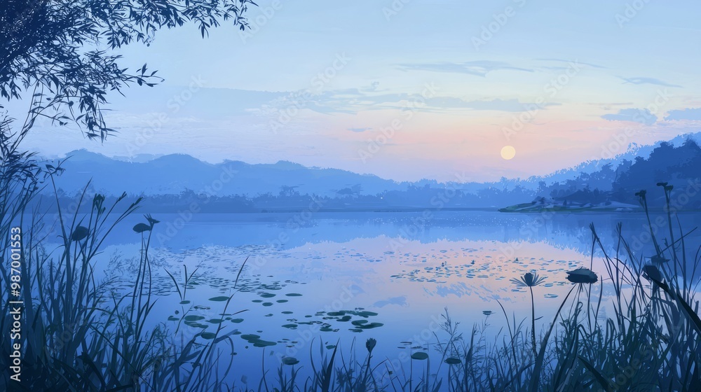 Fototapeta premium Serene Twilight Reflections: Tranquil Lakeside View with Soft Shadows on Water