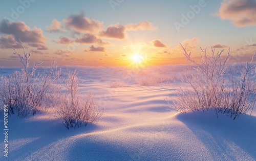 Snowy Winter Landscape with Sunrise and Frosty Plants under Vibrant Sky